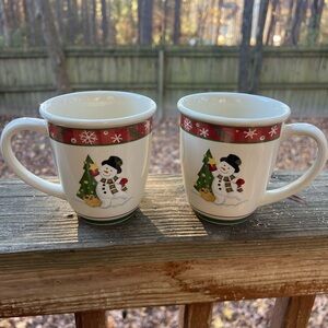 LONGABERGER Pottery RARE Christmas Bluster the Snowman Set of 2 Coffee Mugs